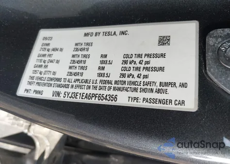 2023 Tesla Model 3 Rear-Wheel Drive z USA, uszkodzony, nr VIN 5YJ3E1EA6PF654356